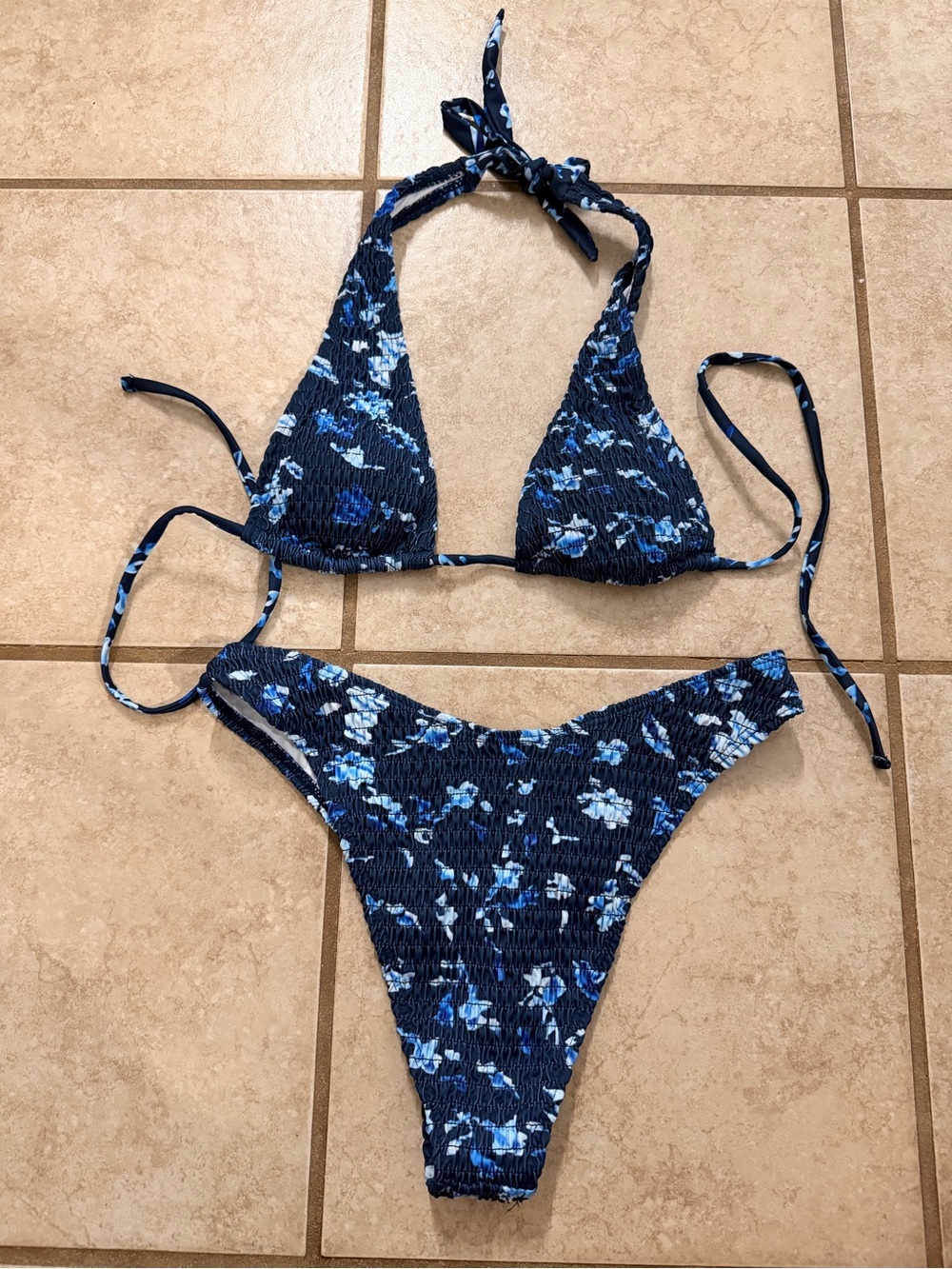 EUC Blue Floral Smocked Halter Bikini